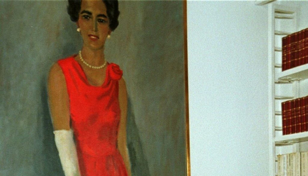 lady in red on gray background